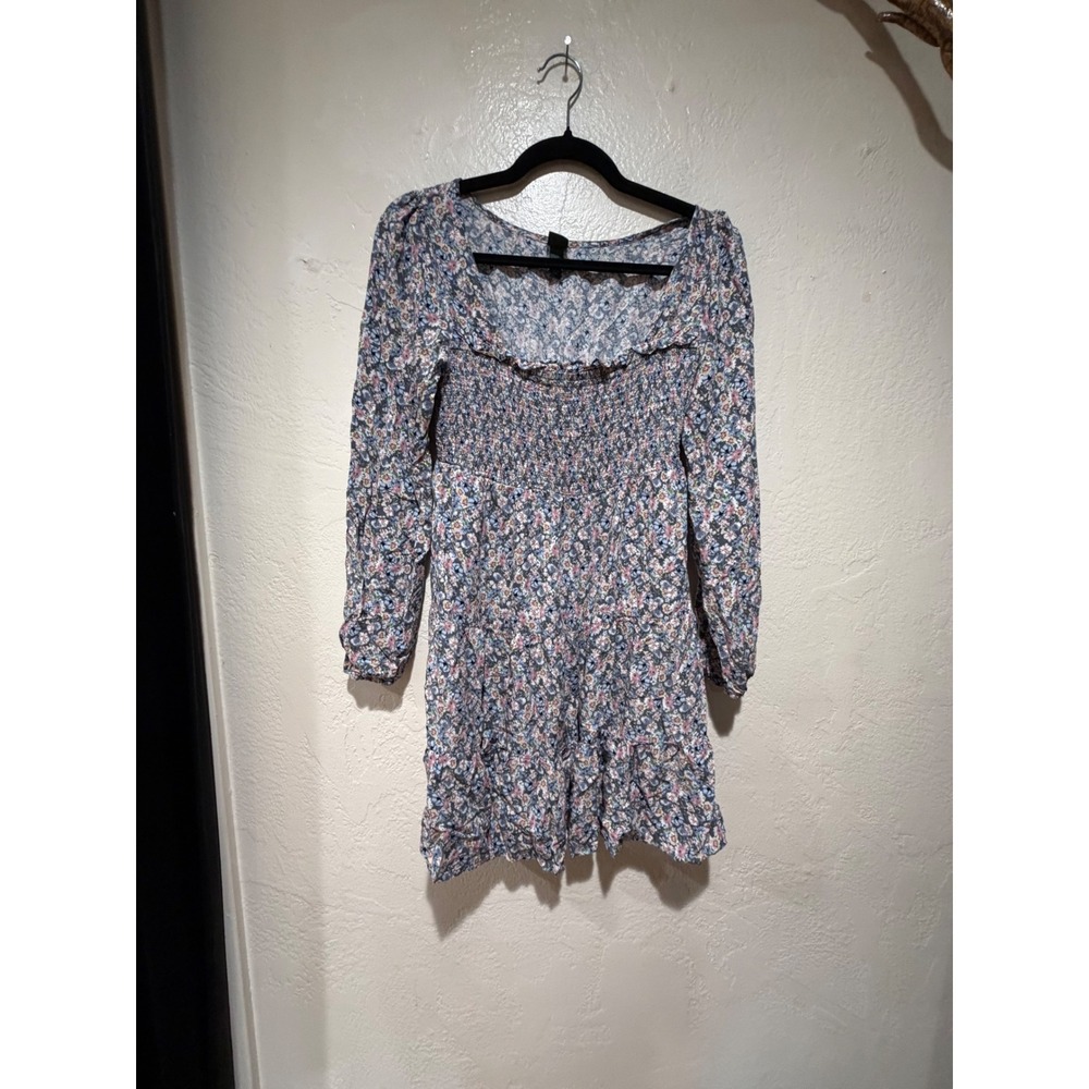 Wild Fable Blue Ditsy Floral Smocked Long Sleeve Mini Dress Square Neck Rayon